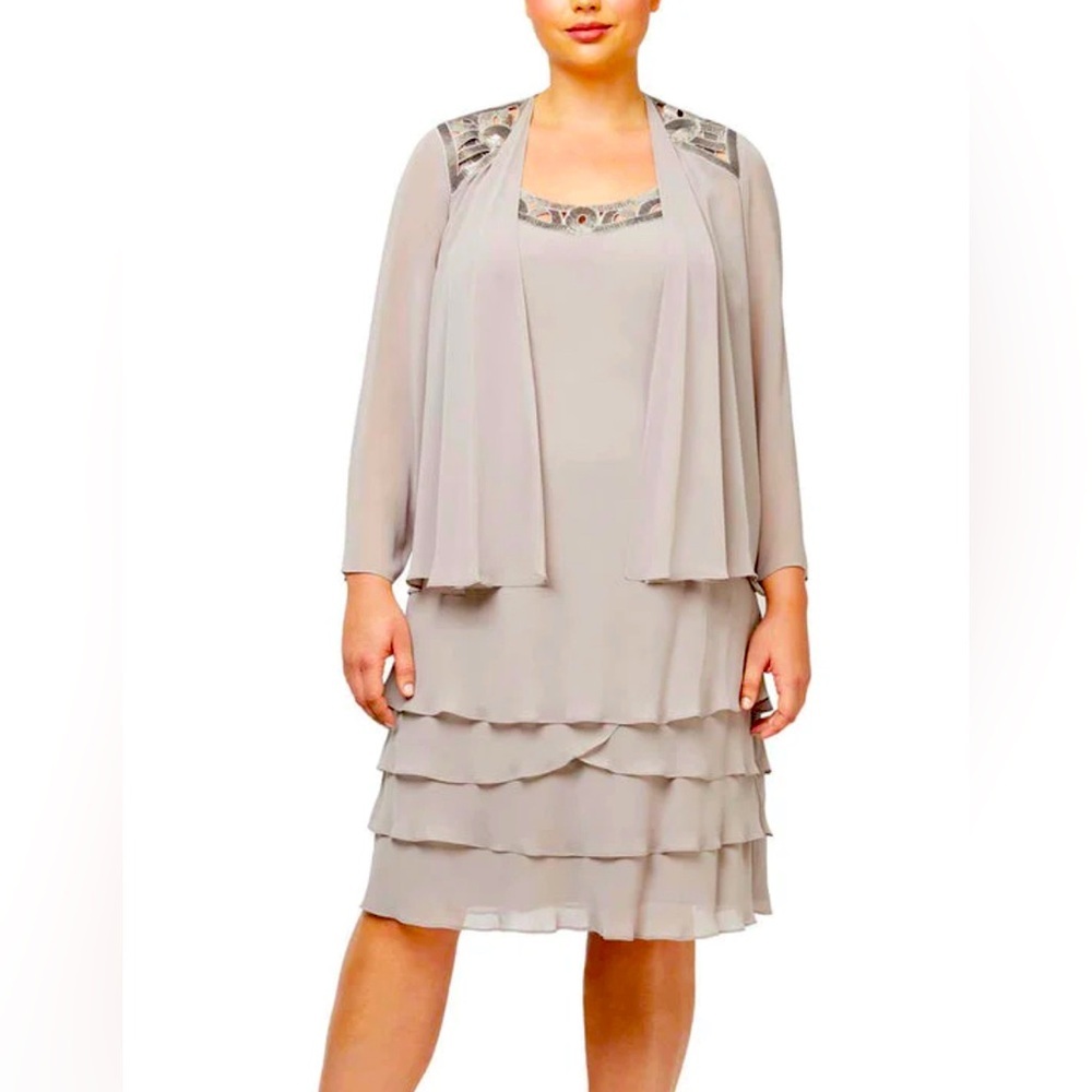 SLNY Formal Dress Plus Size 16W Sequin 2pc Chiffon Long Sleeve Jacket Dress NWT